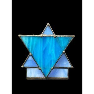 Small Blue North Star Stained Glass Votive Candle Holder 3.5" x 4"